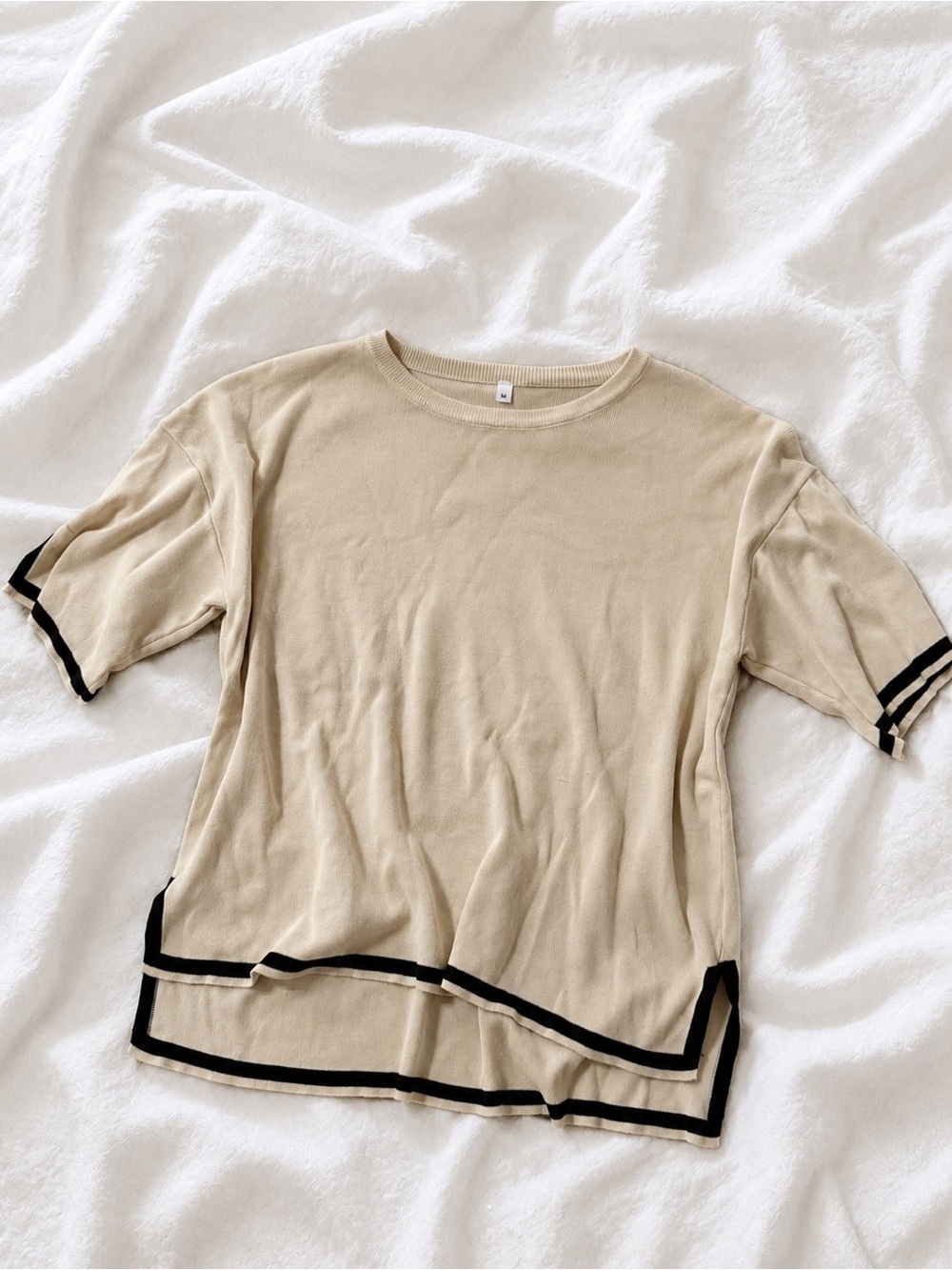 Amazon Beige Short-Sleeve Knit Tee with Black Trim